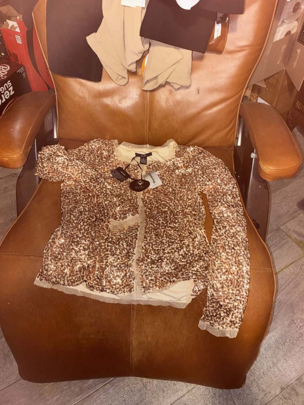 Rain Long Sleeve Open Sequin Cardigan Jacket Gold